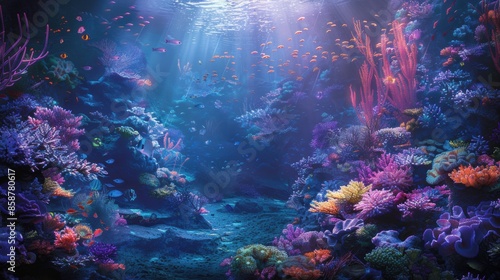 Vibrant underwater coral reef with colorful marine life, illuminated by sunlight filtering through the water, creating a serene and enchanting scene.