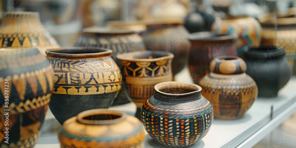 Display of vibrant ethnic ceramic pots in various patterns and designs, highlighting cultural artistry and craftsmanship. Display of vibrant ethnic ceramic pots in various patterns and designs, highlighting cultural artistry and craftsmanship.
