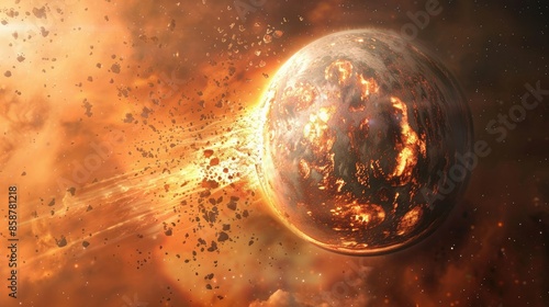 Photograph of a planet in the process of being destroyed by a nearby star, with debris and flames shooting off its surface,