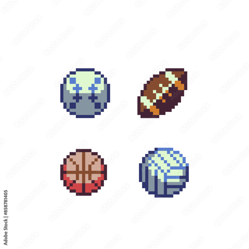 Fototapeta premium Sports ball pixel art icons set, baseball American sport, basketball, football ball and rugby isolated vector illustration. sports equipment, accessories. Design for logo and app. Game assets 8-bit.