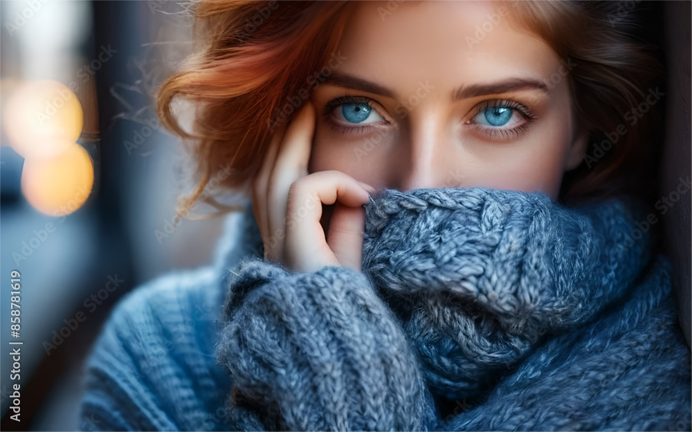 Closeup face of young woman with blue eyes wearing gray sweater Closeup face of young woman with blue eyes wearing gray sweater