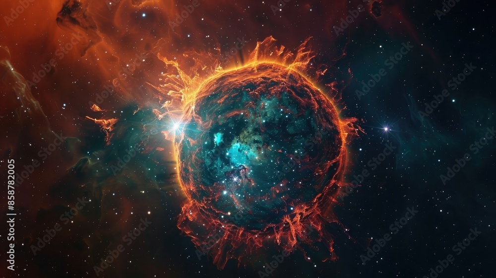 Obraz premium Photograph of a planetary nebula, the glowing remnant of a star expelled by its red giant parent, its delicate tendrils of gas illuminated by the fading stellar core