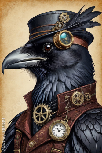 Steampunk Raven, Illustration, generative ai photo