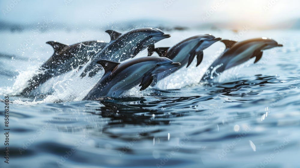 Obraz premium Photograph of a playful pod of dolphins leaping out of the ocean's surface, their sleek bodies glistening in the sunlight, captured in a breathtaking action shot.