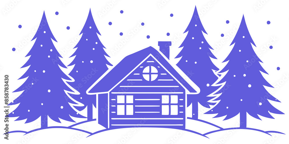 A picturesque silhouette of a house in a snowy forest during winter, creates a tranquil scene. A picturesque silhouette of a house in a snowy forest during winter, creates a tranquil scene.