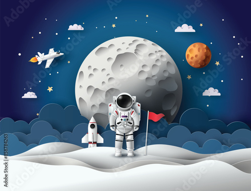 Space Explorer and Moon Landing Scene with Stars and Planets