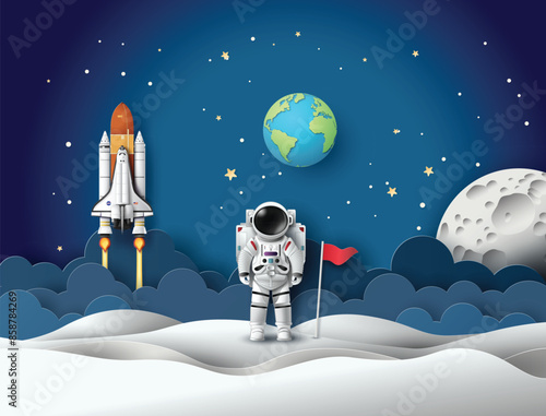 Astronaut on Moon with Rocket and Earth in Paper Cut Style