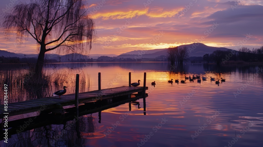 Serene Lake at Dusk with Boat and Ducks