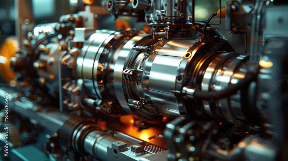Close-up of an industrial machine component, highlighting the intricate details and metallic craftsmanship in an engineering context. Close-up of an industrial machine component, highlighting the intricate details and metallic craftsmanship in an engineering context.