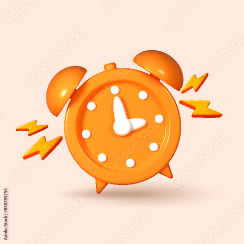 3D rendered vector illustration ringing alarm clock, isolated on a orange background. Volumetric 3D icon of an alarm clock, symbolizing reminders and deadlines.