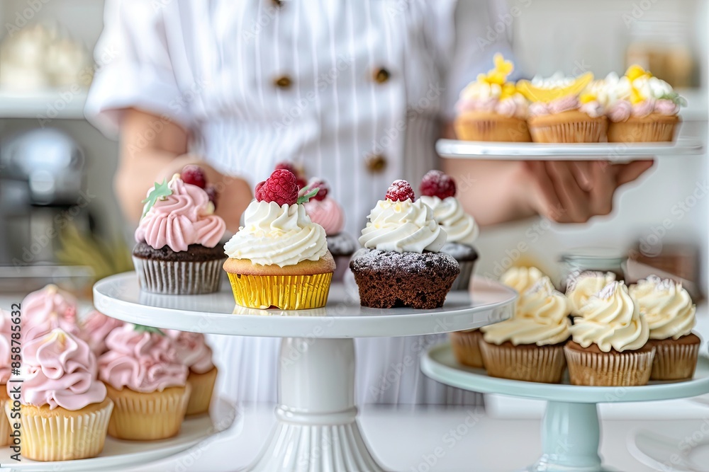 An unrecognized pastry chef girl offers visitors to taste her products. An unrecognized pastry chef girl offers visitors to taste her products.
