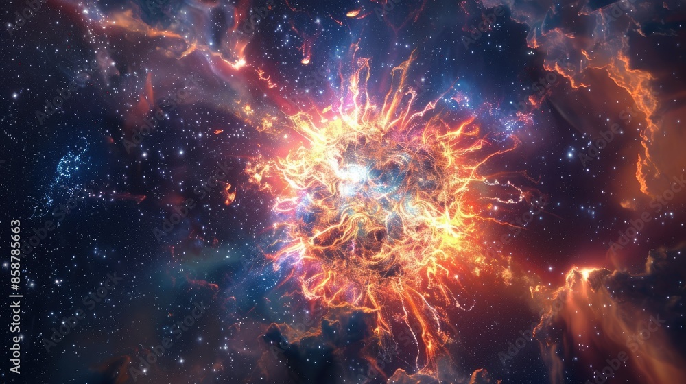 Photograph of a supernova explosion, a star's dramatic demise, its brilliance illuminating the galaxy like a colossal firework, casting intricate shadows across the cosmic dust. Photograph of a supernova explosion, a star's dramatic demise, its brilliance illuminating the galaxy like a colossal firework, casting intricate shadows across the cosmic dust.