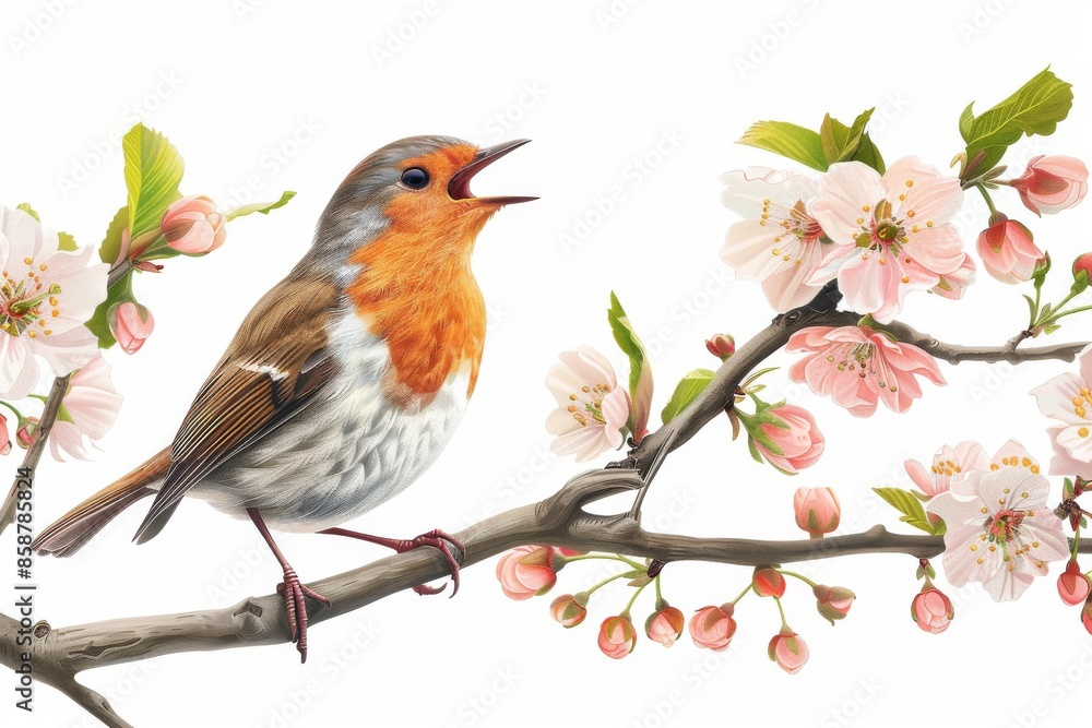 Isolated vector illustration of a bird singing on a branch with fresh spring blossoms on a white background, whimsical and cheerful Isolated vector illustration of a bird singing on a branch with fresh spring blossoms on a white background, whimsical and cheerful