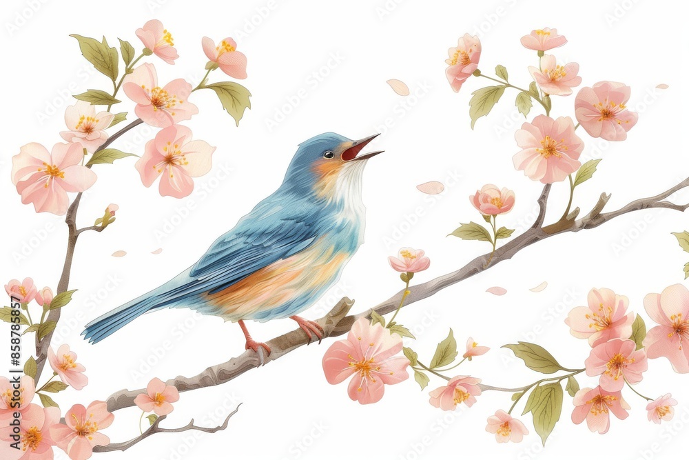 Isolated vector illustration of a bird singing on a branch with fresh spring blossoms on a white background, whimsical and cheerful Isolated vector illustration of a bird singing on a branch with fresh spring blossoms on a white background, whimsical and cheerful