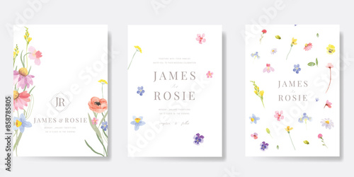 sweet elegant pink botanical Wedding Invitation, floral invite thank you, rsvp modern card Design in leaf and flower water color texture decorative Vector elegant rustic template