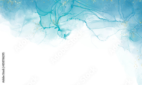 Abstract light blue watercolor, blurred  Blue powder explosion on white background Luxury design and splash with golden crackers. Template design for birthday invite or card.
