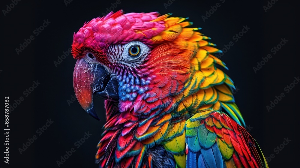 Obraz premium Vibrant Close-Up of a Colorful Parrot with Detailed Feathers Against a Dark Background