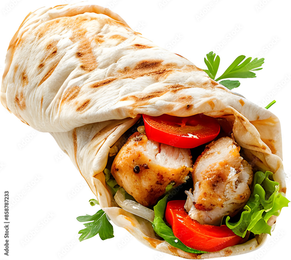 Chicken shawarma wrap, vectorized white background, png transparent Chicken shawarma wrap, vectorized white background, png transparent