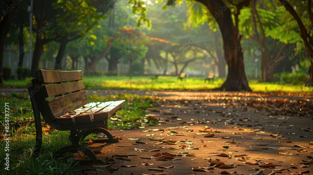 Fototapeta premium A park provides a spot to sit with a wooden bench
