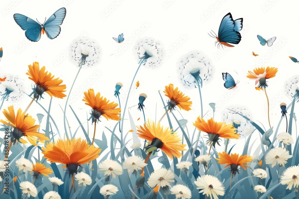 Isolated vector illustration of a blooming dandelion with spring butterflies on a white background, fresh and vibrant Isolated vector illustration of a blooming dandelion with spring butterflies on a white background, fresh and vibrant