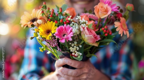Joyful Hands Holding Bouquet of Fresh Flowers with Happy Smile in Background