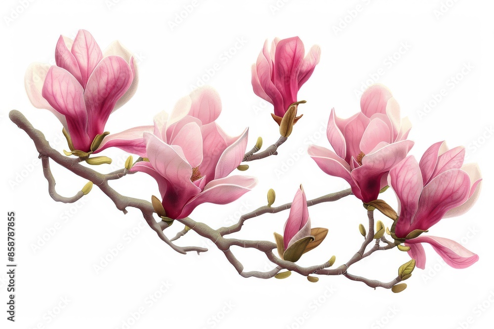 Fototapeta premium Isolated vector illustration of a blooming magnolia branch on a white background, delicate and vibrant, signaling spring
