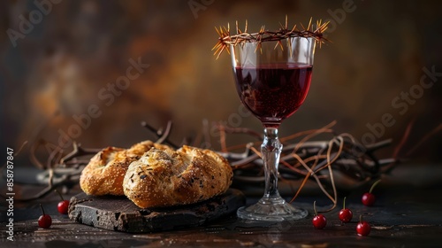 Religious Symbolism: Unleavened Bread, Wine Chalice, Crown of Thorns, and Communion Passion photo