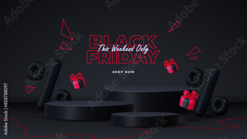 Black Friday Sale. Realistic 3D design featuring a stage podium with round studio, black gift box with a red bow, and large percent discount label. Creative marketing concept.