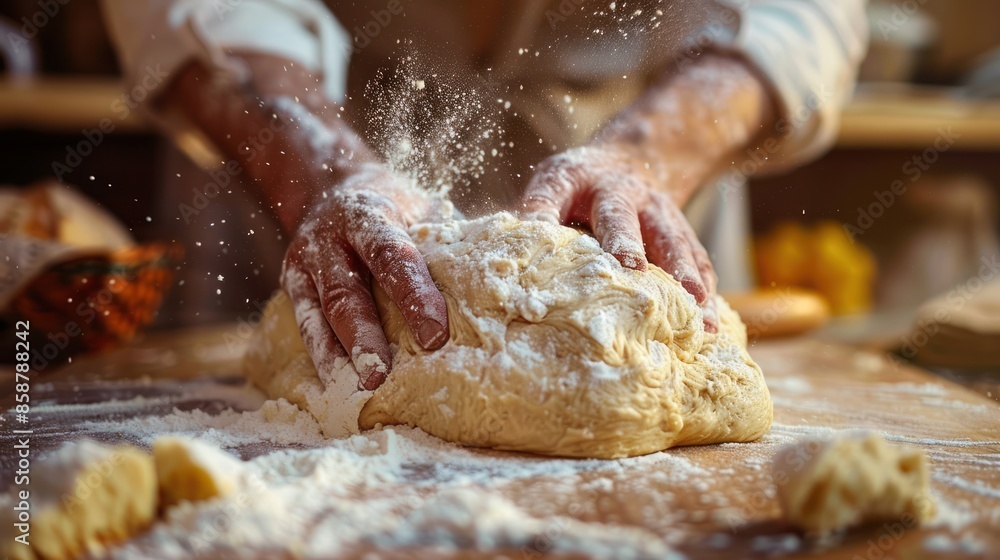 Baker's Hands Kneading Dough with Flour on Wooden Surface in Close-up Shot Baker's Hands Kneading Dough with Flour on Wooden Surface in Close-up Shot
