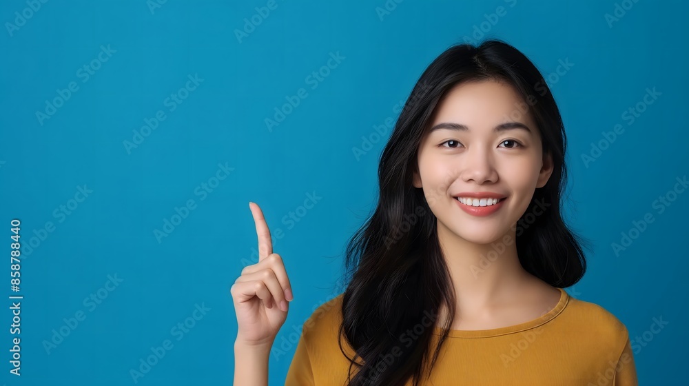 A confident woman pointing to the left, suggesting direction or attention. The background is solid blue, creating a vibrant contrast with her gesture. A confident woman pointing to the left, suggesting direction or attention. The background is solid blue, creating a vibrant contrast with her gesture.