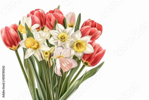 Isolated vector illustration of a bouquet of tulips and daffodils on a white background, fresh and colorful, symbolizing spring  © Uliana