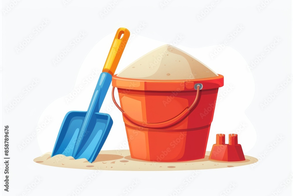 Isolated vector illustration of a bucket and shovel for building sandcastles, playful and summery, on a white isolated background Isolated vector illustration of a bucket and shovel for building sandcastles, playful and summery, on a white isolated background