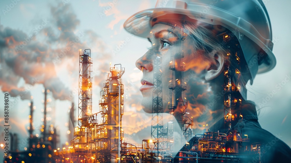 Obraz premium Woman In Hard Hat In Front of Industrial Complex.
