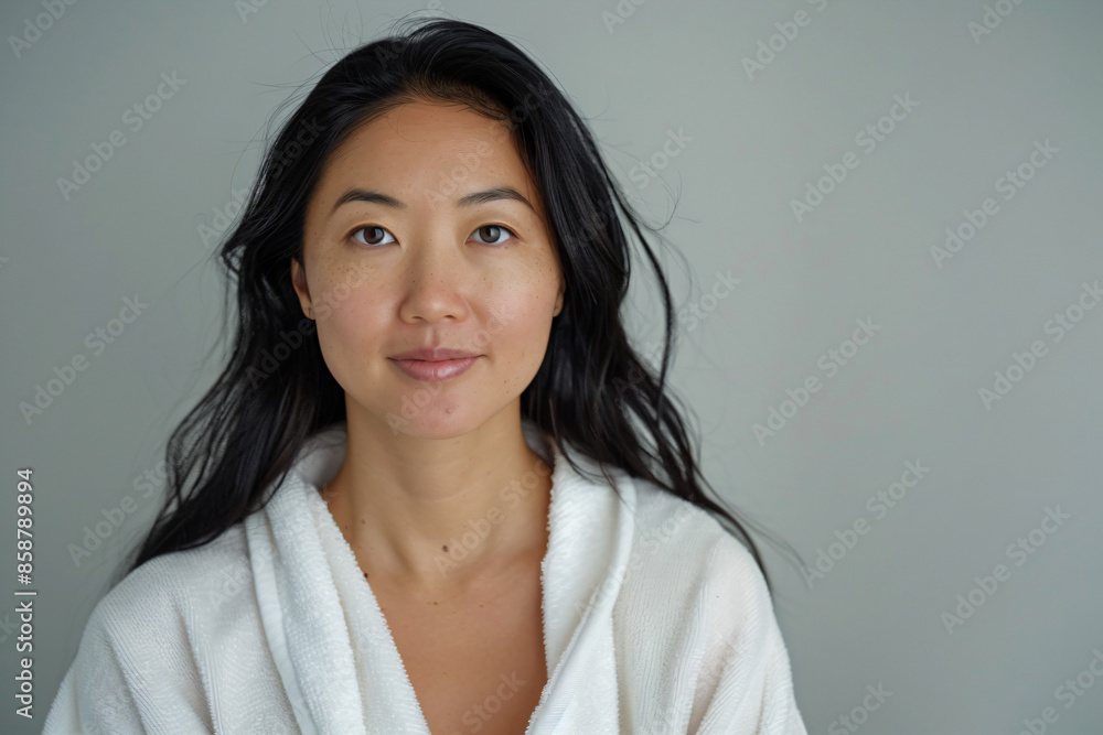 a woman in a white robe is looking at the camera a woman in a white robe is looking at the camera
