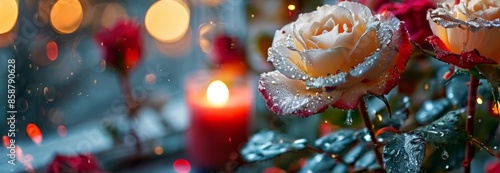 Brightly colored rose and candles on a blurred background. Festive entourage, winter background. Christmas, New Year. Valentine. March 8. © Eugen