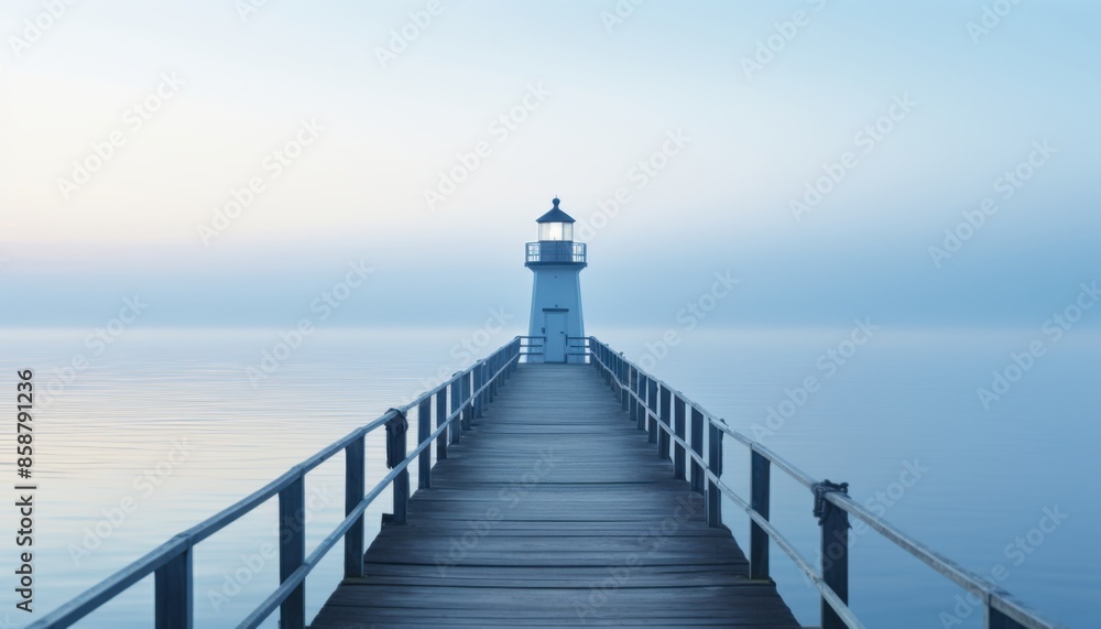 a wooden pier extending into a calm sea. At the end of the pier is a lighthouse. The sky is foggy and there is a soft light over the scene. a wooden pier extending into a calm sea. At the end of the pier is a lighthouse. The sky is foggy and there is a soft light over the scene.