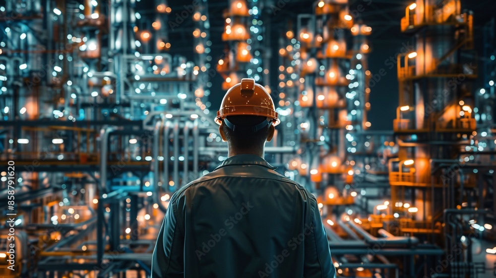 Industrial worker standing in front of a complex factory setting. Industrial worker standing in front of a complex factory setting.