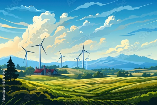 Tranquil countryside landscape with wind turbines generating renewable energy.