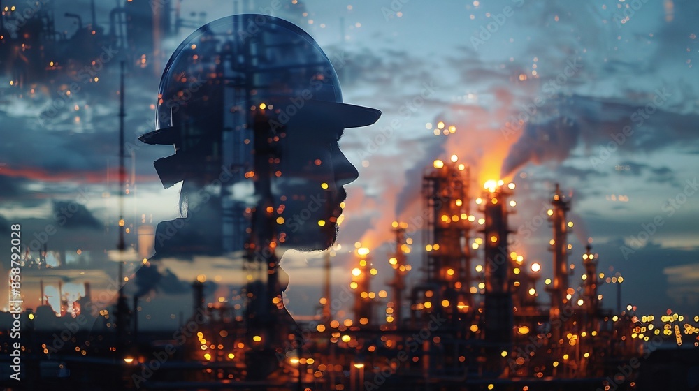 Industrial Worker Silhouette Against City Lights. Industrial Worker Silhouette Against City Lights.