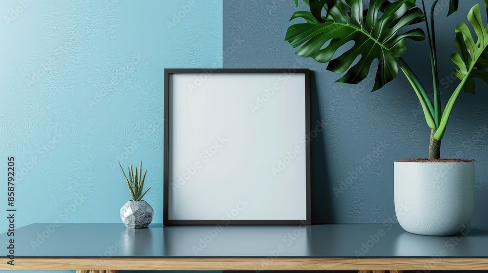 Mockup of frame and monstera on desk against blue and grey wall Mockup of frame and monstera on desk against blue and grey wall
