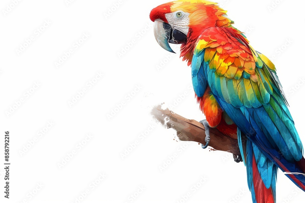 Obraz premium Isolated vector illustration of a colorful parrot perched on a branch, vibrant and summery, on a white isolated background