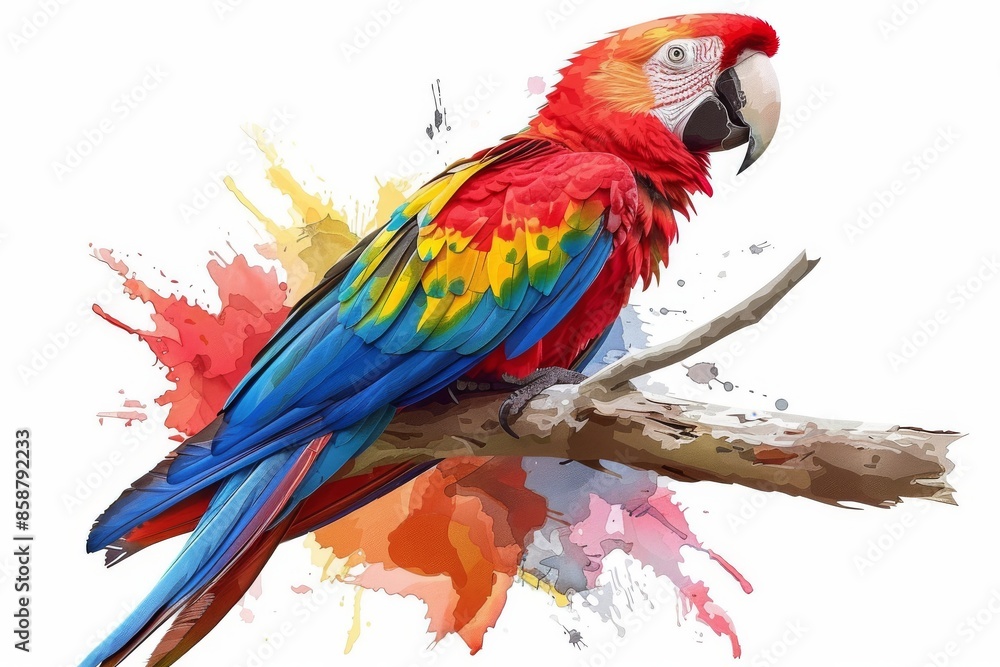 Obraz premium Isolated vector illustration of a colorful parrot perched on a branch, vibrant and summery, on a white isolated background