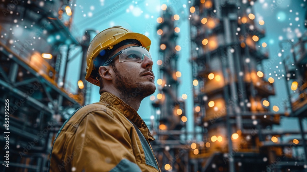 Industrial worker in a yellow hardhat and safety glasses looking at a refinery. Industrial worker in a yellow hardhat and safety glasses looking at a refinery.