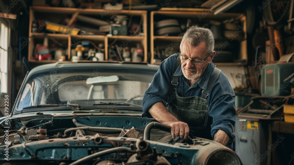 Fototapeta premium Man in his forties repairing a vintage car in his garage workshop