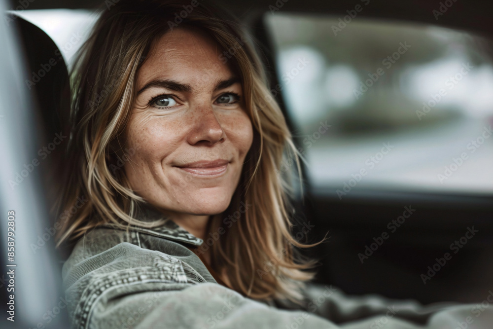 a woman sitting in a car with a cell phone a woman sitting in a car with a cell phone
