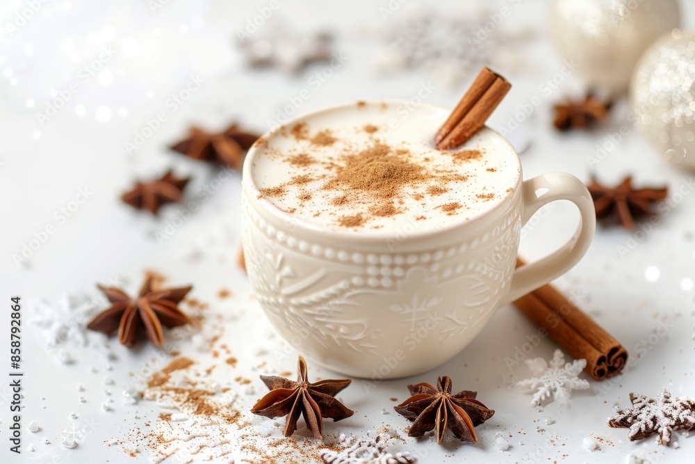 Isolated vector illustration of a cup of eggnog with cinnamon, surrounded by snowflakes on a white background, cozy and inviting Isolated vector illustration of a cup of eggnog with cinnamon, surrounded by snowflakes on a white background, cozy and inviting