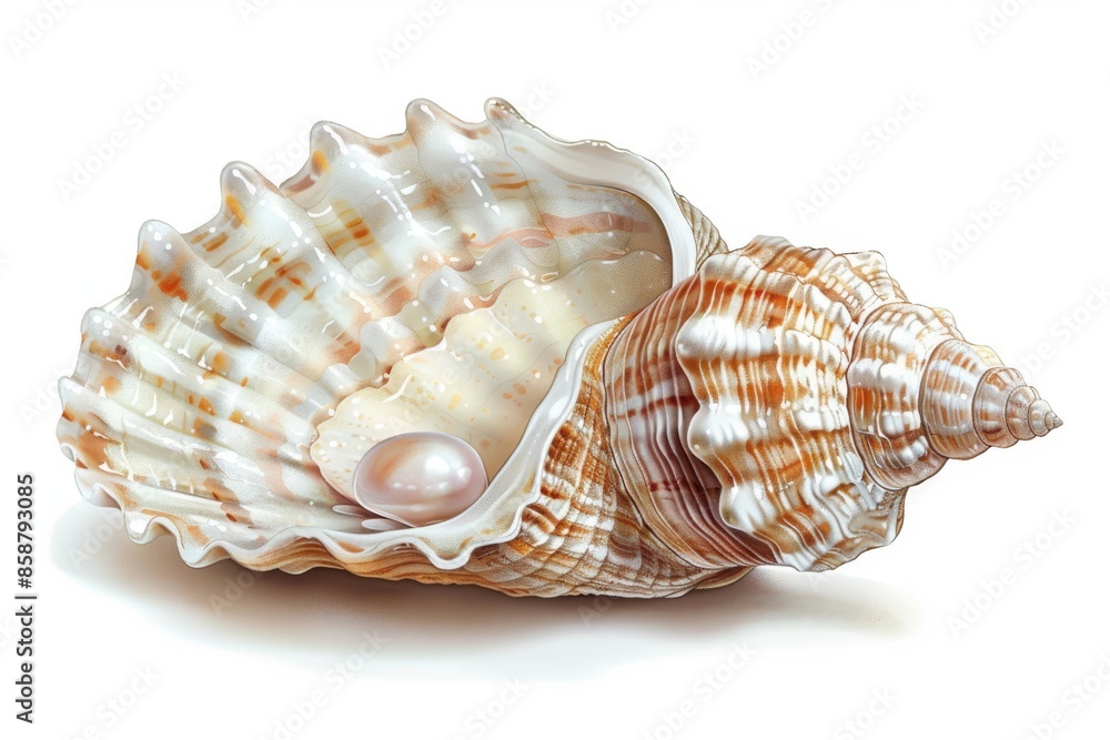 Isolated vector illustration of a detailed seashell with a pearl inside, whimsical and summery, found on summer beaches, on a white isolated background Isolated vector illustration of a detailed seashell with a pearl inside, whimsical and summery, found on summer beaches, on a white isolated background