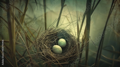 A blackbird s nest in reeds with three eggs filtered with a vintage effect photo