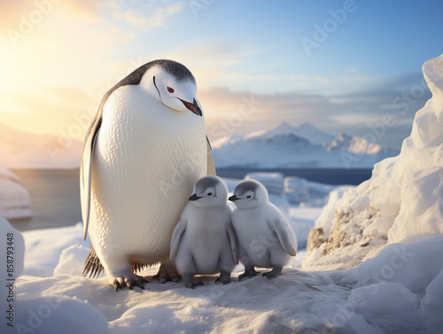 A heartwarming scene of a penguin family, with adults standing protectively around their fluffy chicks