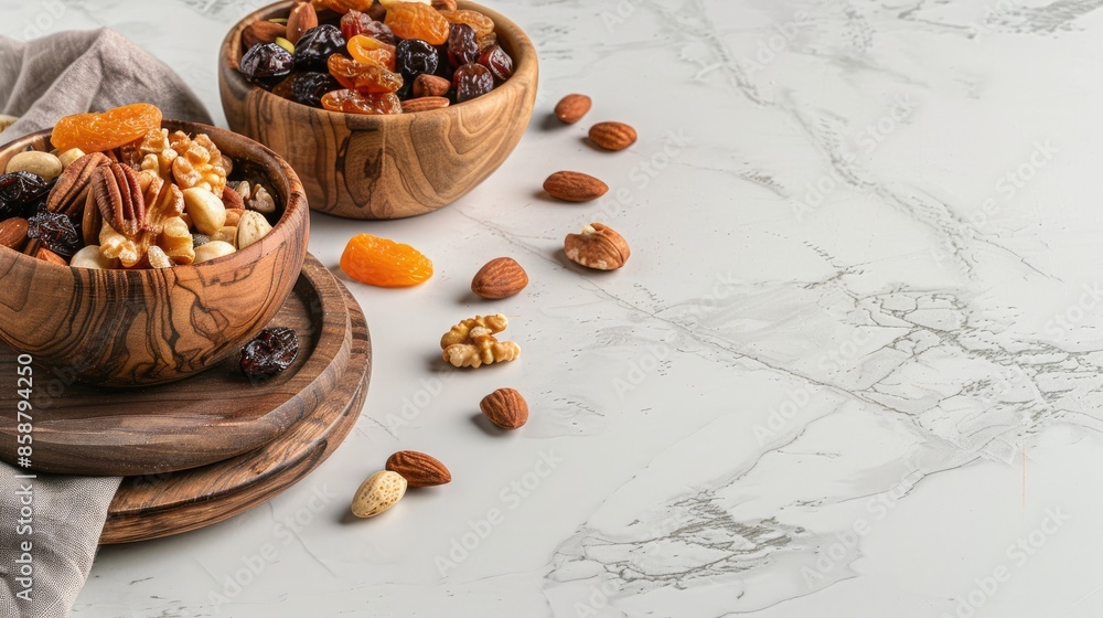 Fototapeta premium Assorted dried fruits nuts and copy space on beige ceramic and wooden bowl